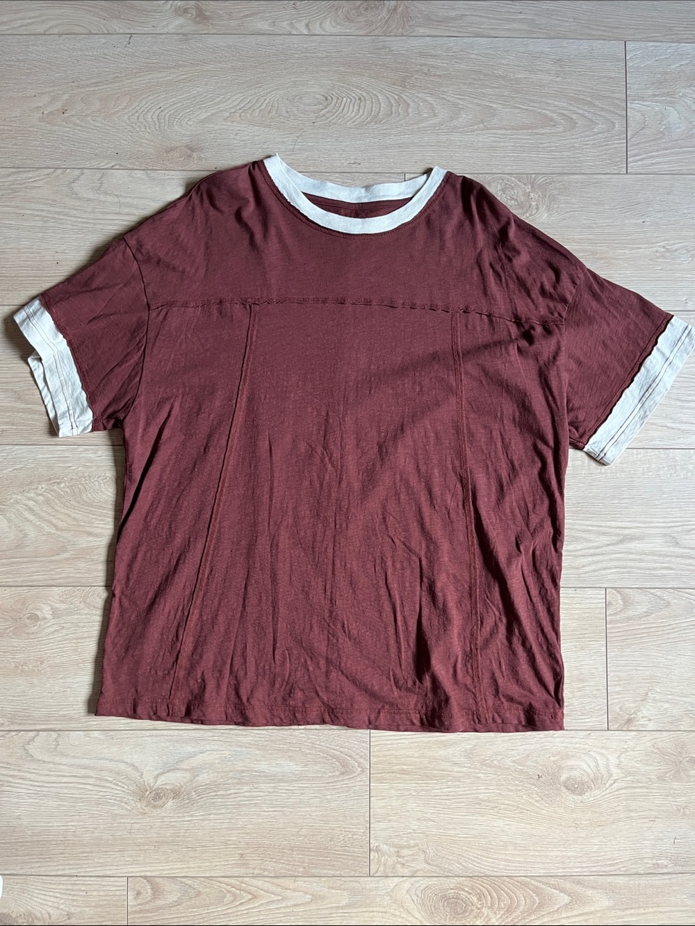 Women’s Oversized Burgundy Short-Sleeve Ringer T-Shirt with White Trim